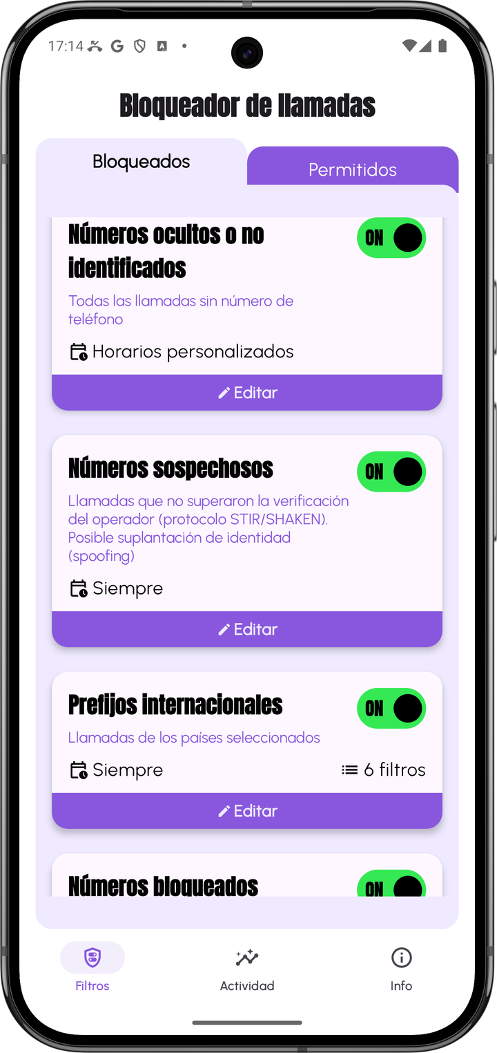 Pantalla principal de Bloqueador de llamadas con los filtros de bloqueo activados