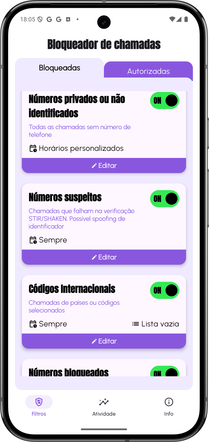 Tela inicial do Bloqueador de chamadas com os filtros de bloqueio ativados